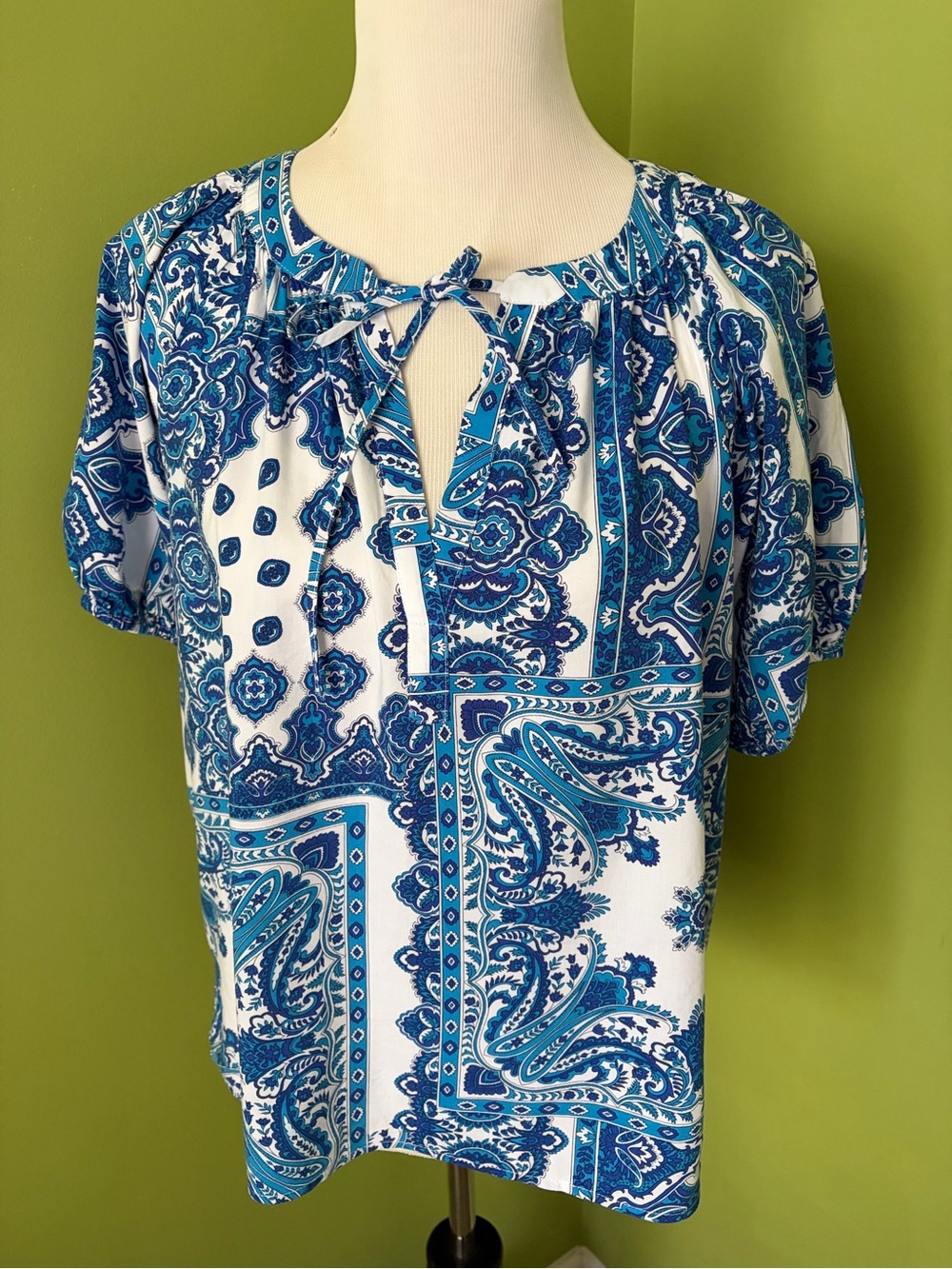 Loft Blue Tile Print Tie-Neck Women's Top
